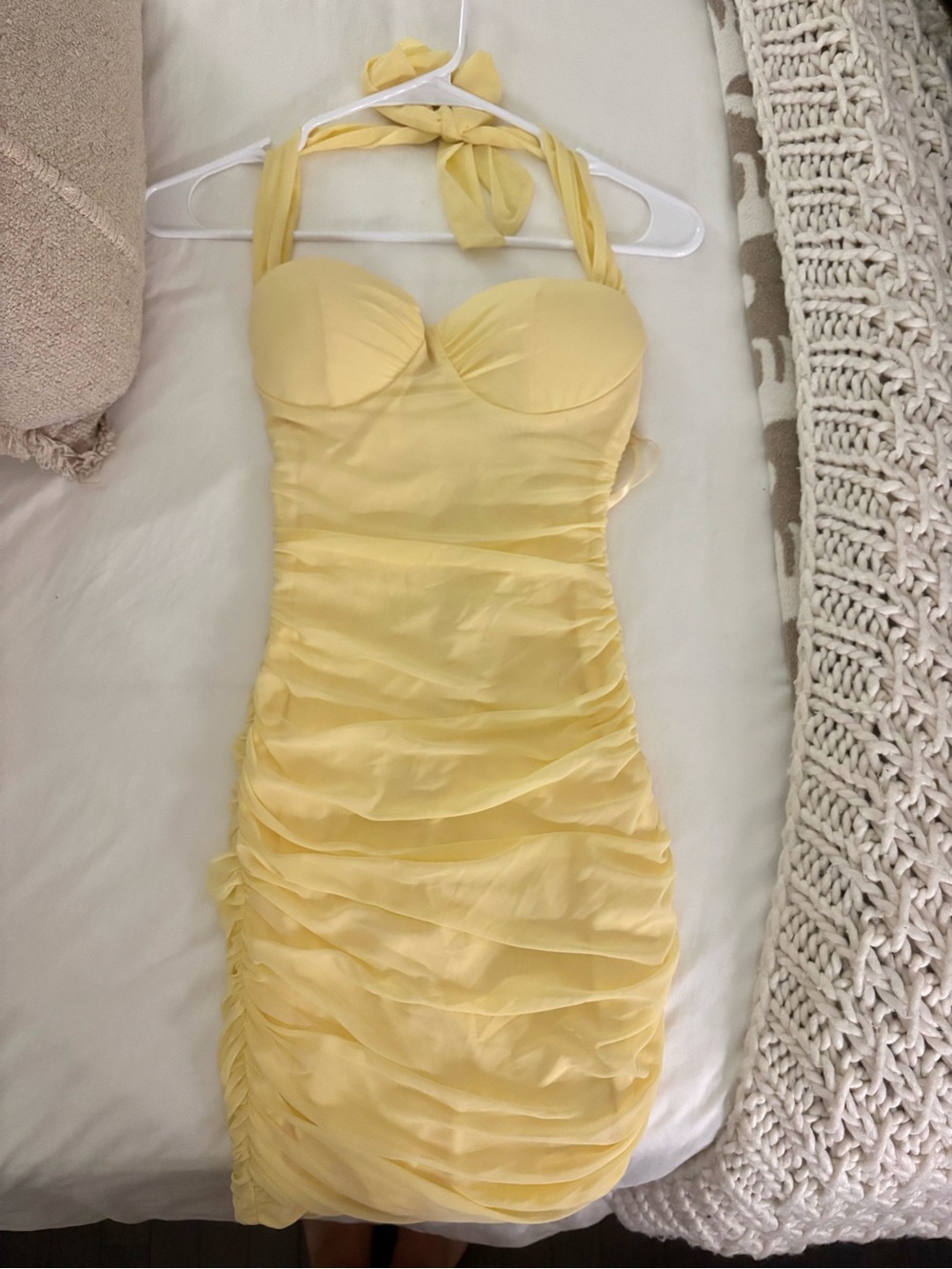 Yellow Ruched Halter mini Bodycon Dress